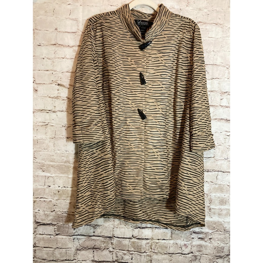 Vincente Lagenlook Top Womens Large Black & Tan Striped Mesh Semi Sheer Artsy